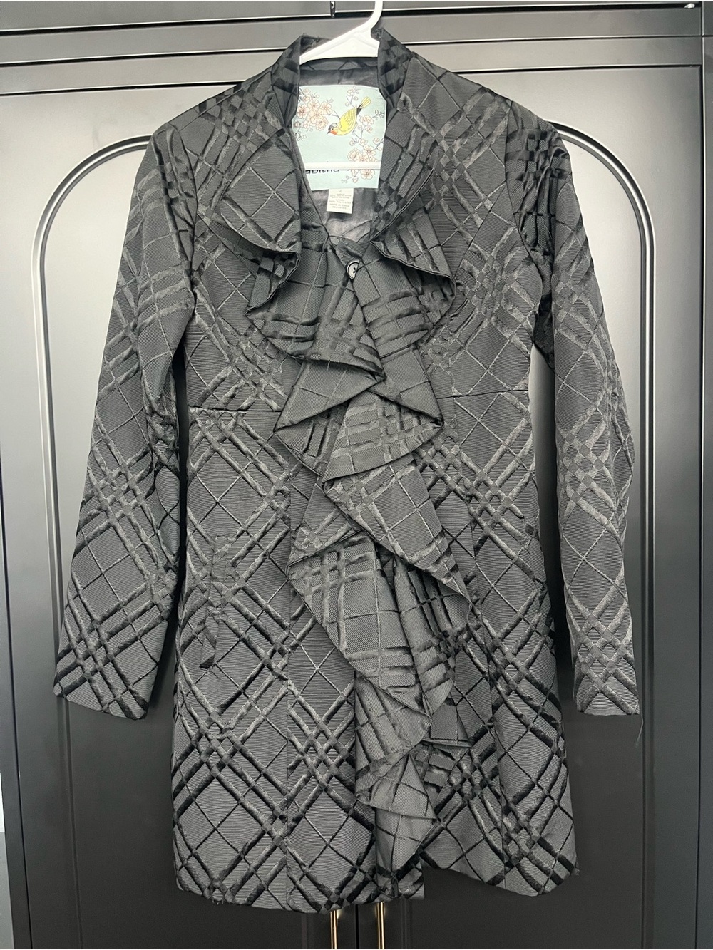 Tabitha for Anthropologie Black Checked Ruffle-Front Long Sleeve Coat